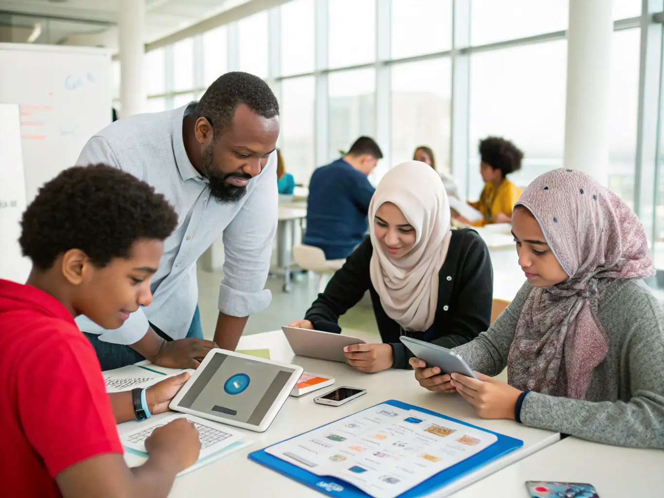 A diverse group of students collaborating on an AI project in a modern classroom setting.