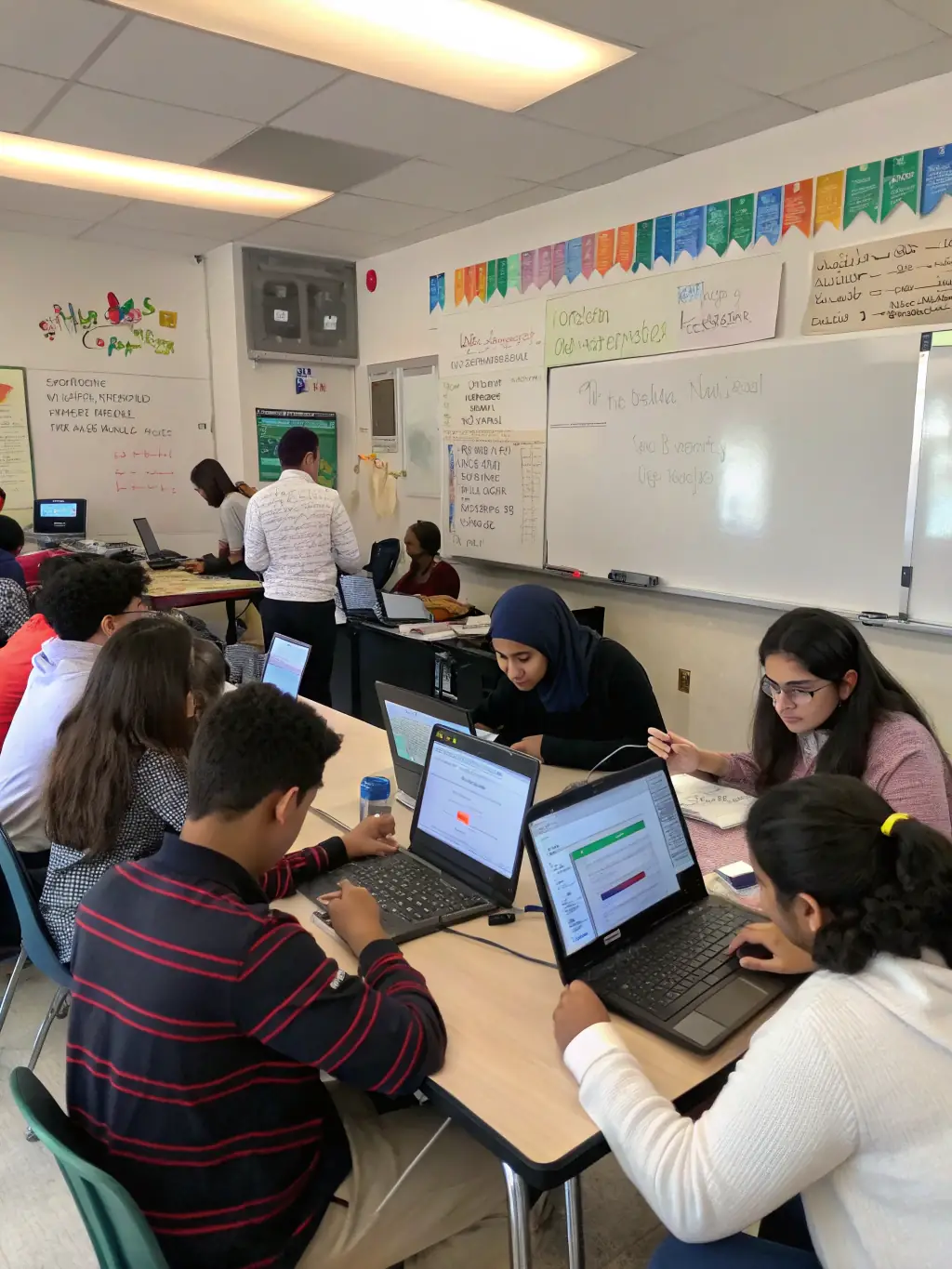 A student is enthusiastically participating in a machine learning workshop, surrounded by peers and instructors, all focused on coding and data analysis, set in a modern classroom at NeuroAI Campus.