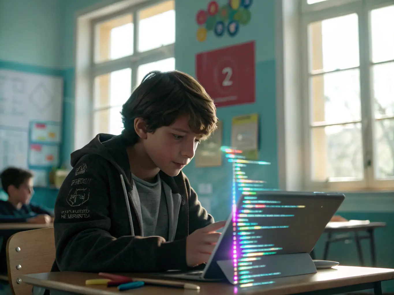 A student is working on a machine learning project, surrounded by code and data visualizations, in a modern classroom setting at NeuroAI Campus.