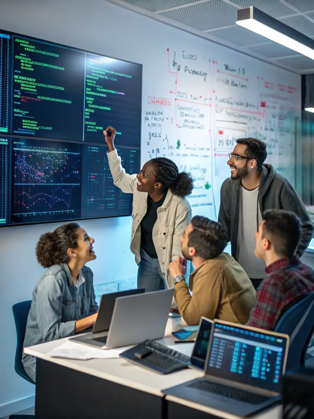 A software engineer coding AI algorithms in a collaborative workspace, with team members discussing solutions.