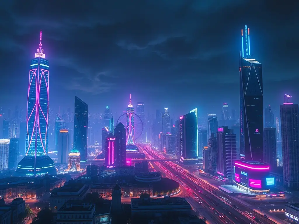A futuristic cityscape with AI-powered systems and data streams, symbolizing the applications of AI in the real world.