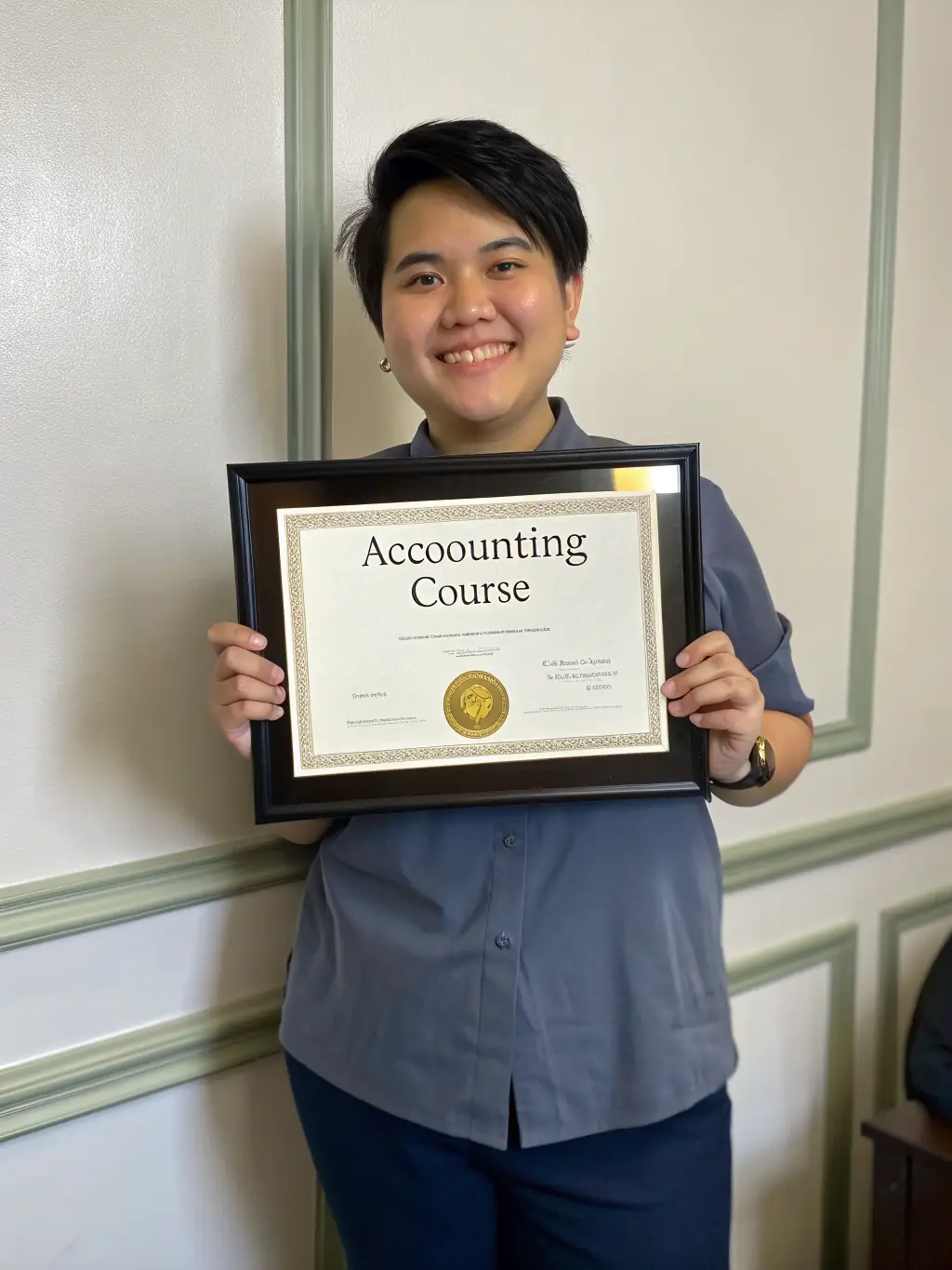 A student is proudly displaying an industry-recognized AI certification, symbolizing their achievement and expertise in the field.
