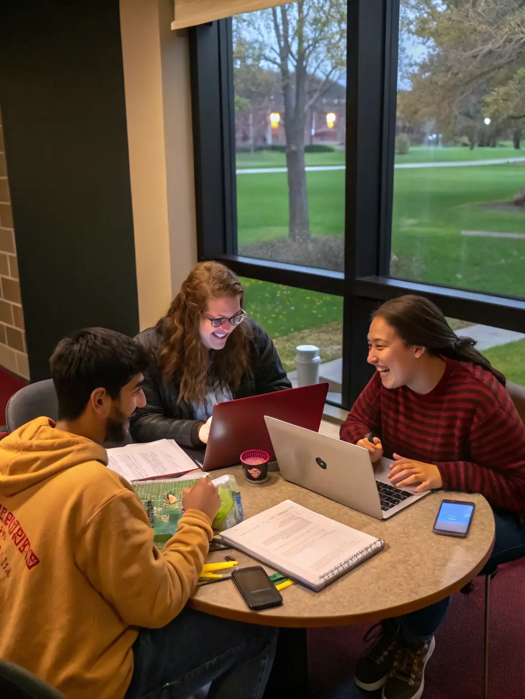 A diverse group of students is collaborating on an AI project, using laptops and discussing strategies in a brightly lit, collaborative workspace at NeuroAI Campus.