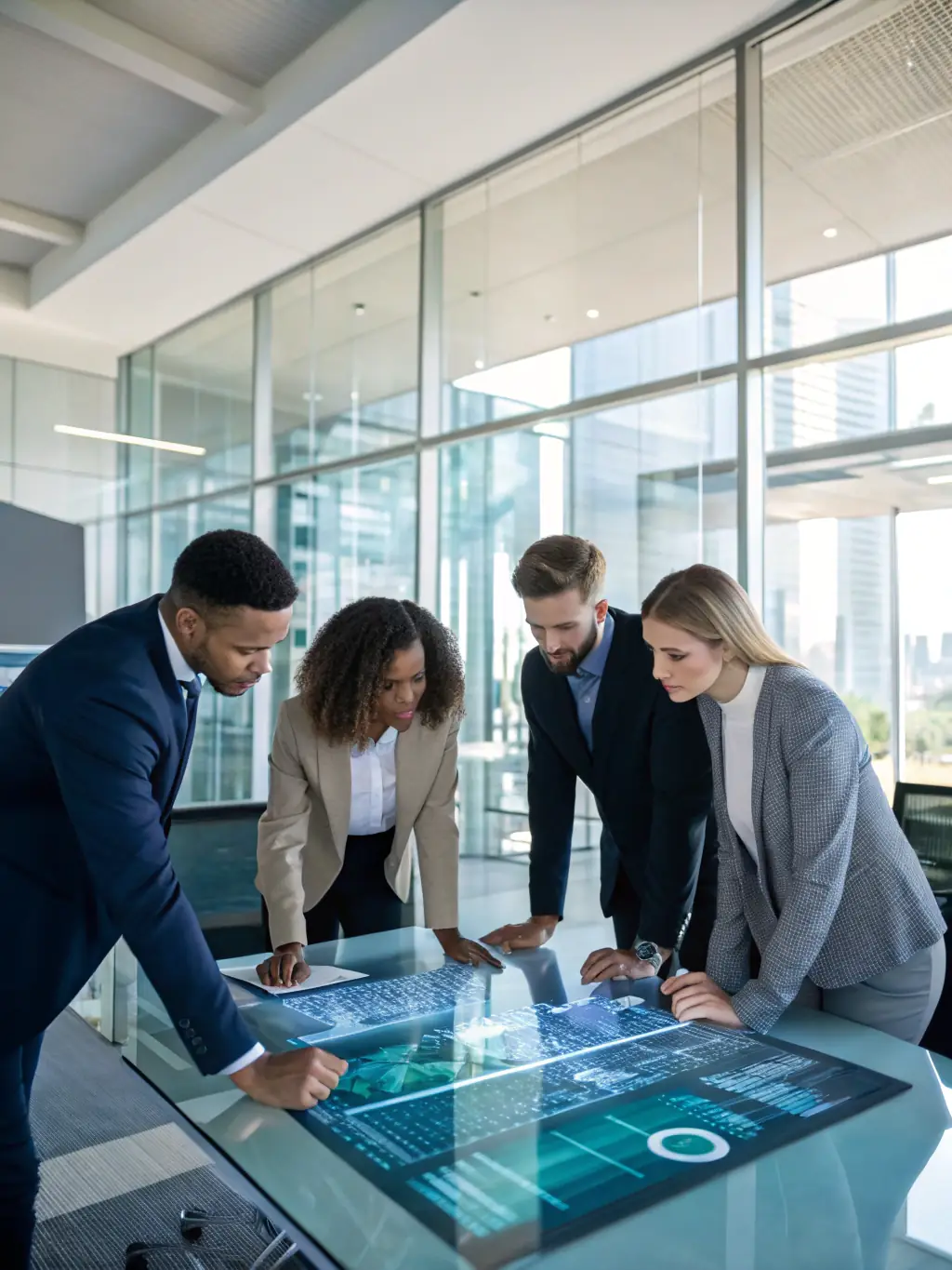 A diverse group of AI instructors are collaborating and discussing course materials in a bright, modern office space, with whiteboards covered in AI diagrams.