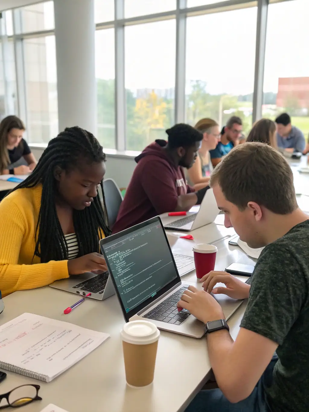 A diverse group of students collaborating on a machine learning project in a modern classroom setting at NeuroAI Campus, showcasing hands-on learning.