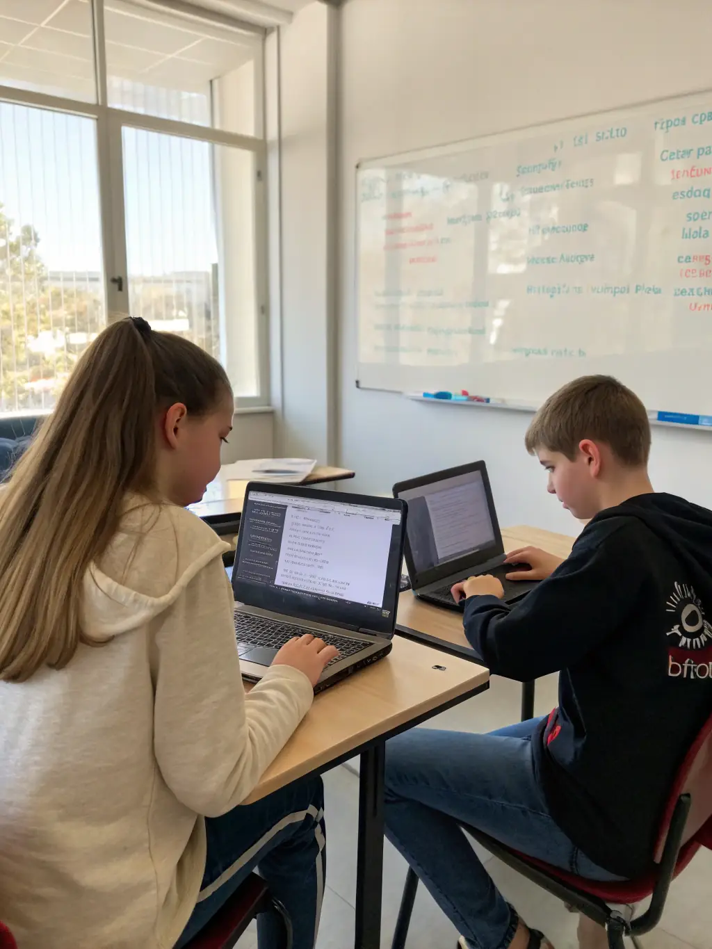 A student is working on a machine learning project, coding at a computer in a modern classroom setting, surrounded by other students and instructors.