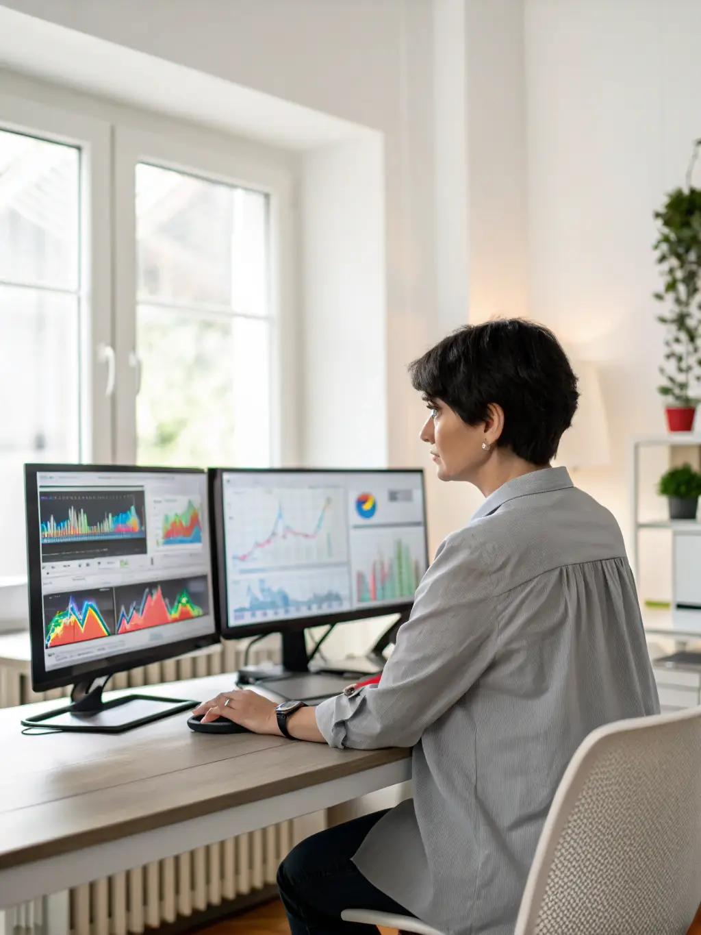 A professional headshot of a data scientist working in a modern office, analyzing complex datasets on multiple monitors.