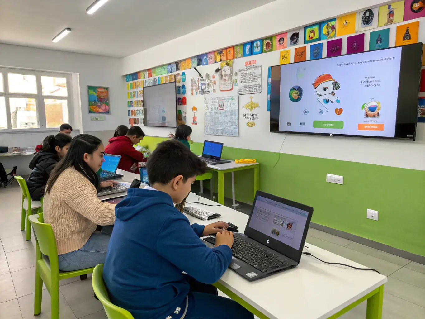 A diverse group of students are attending a lecture on AI, with the instructor presenting a complex algorithm on a large screen. The students are engaged and taking notes.