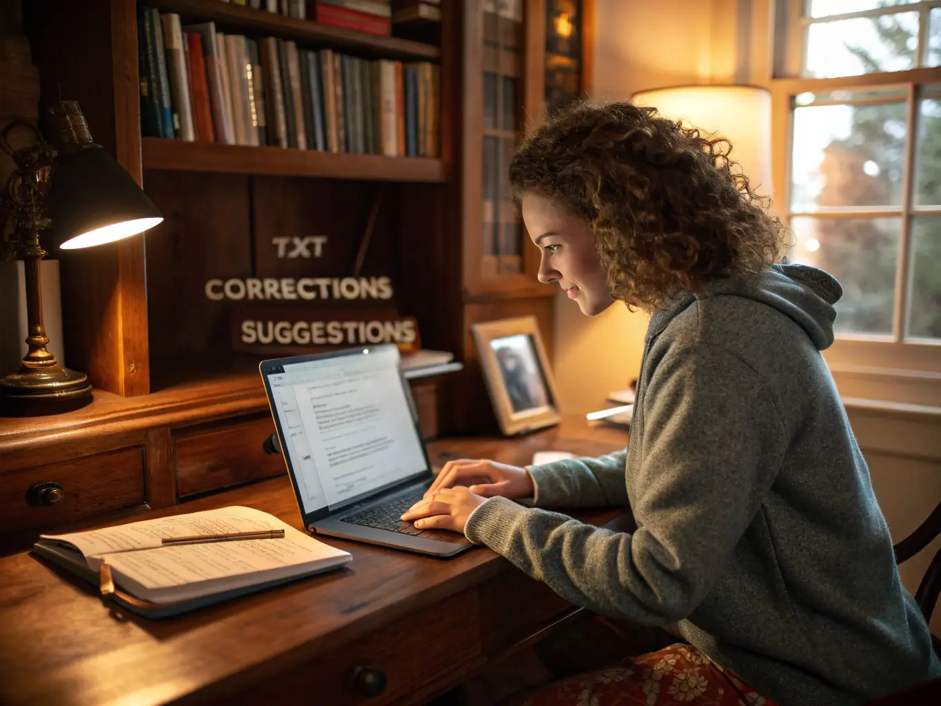 A student is working on a laptop, surrounded by books and notes, in a brightly lit, modern classroom setting. The laptop screen displays a complex neural network diagram.