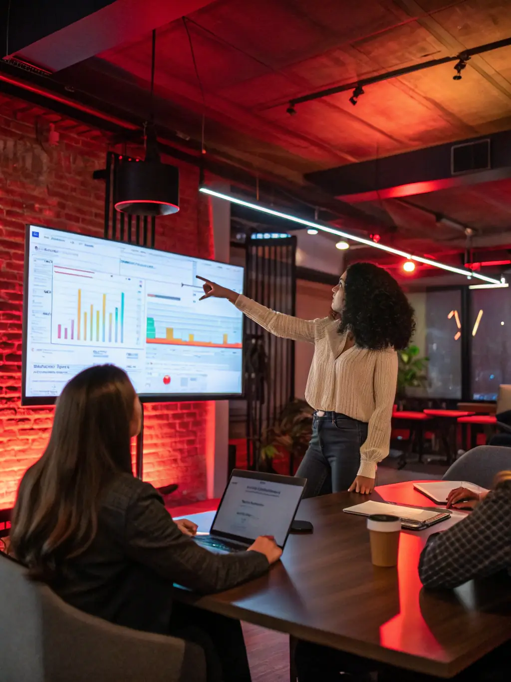 A business analyst presenting AI-driven market insights to stakeholders in a boardroom setting.