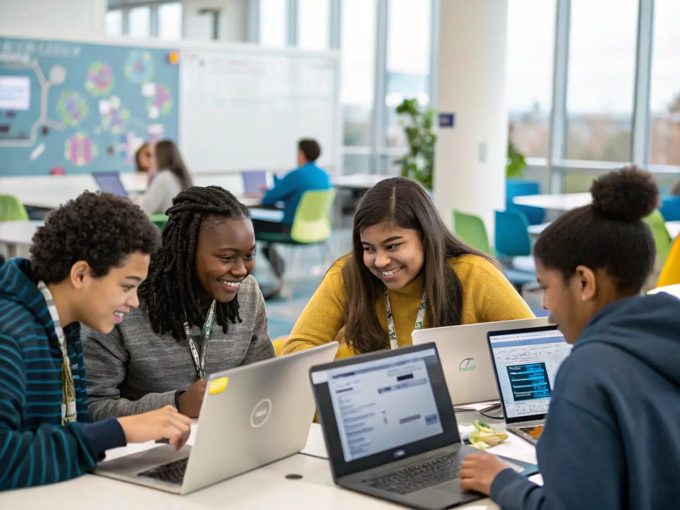 A group of students collaborating on an AI project, demonstrating teamwork and practical problem-solving skills.