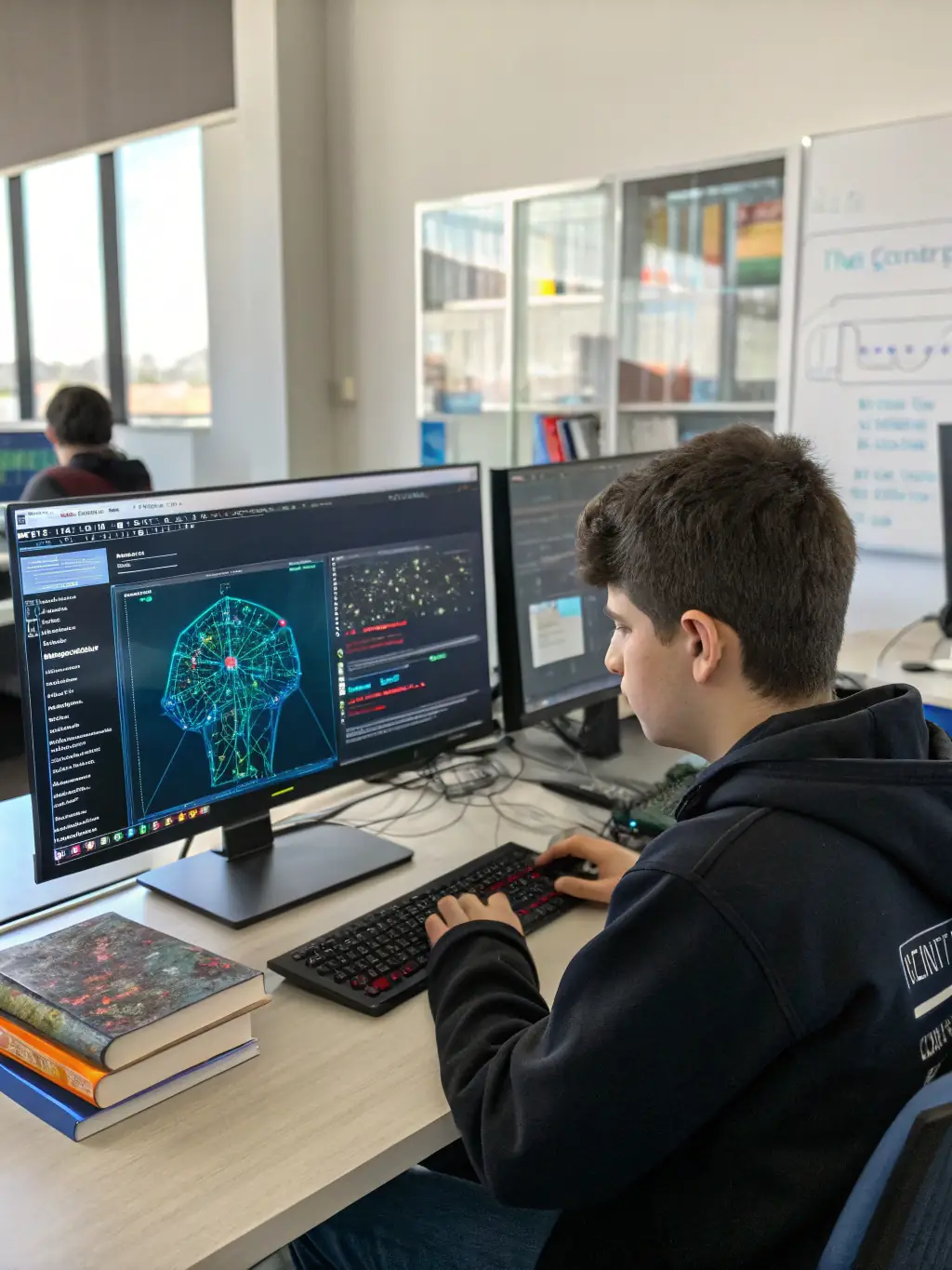 A detailed neural network diagram is displayed on a large screen during a lecture at NeuroAI Campus, with an instructor pointing out key connections and layers to a group of attentive students.