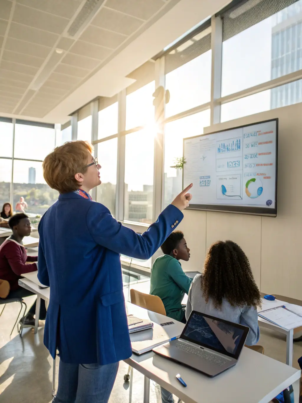 An instructor is demonstrating the use of AI tools and software on a computer screen to a small group of students in a focused, hands-on session at NeuroAI Campus.